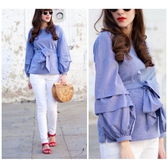 Banana Republic Gingham Tuck Sleeve Shirt Large Blue Tie Check Elevated Pairie - Picture 1 of 12